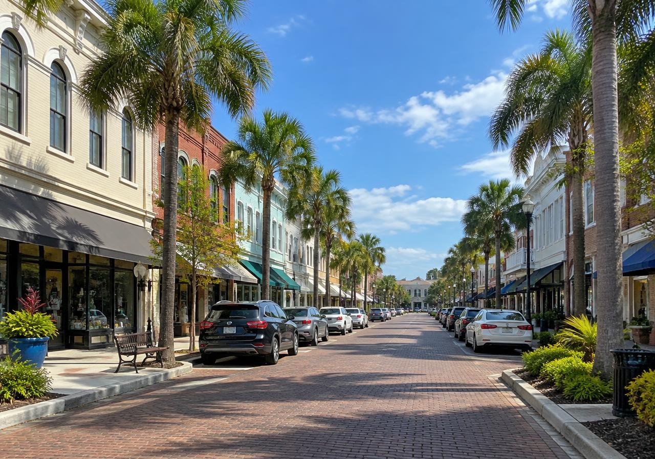 Palm-lined downtown street in Bradenton, Florida